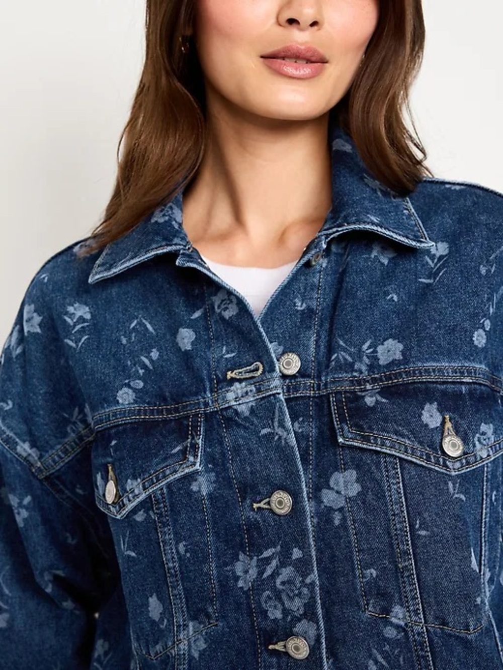 Oversized Floral Print Jean Trucker Jacket - Picture 4 of 6